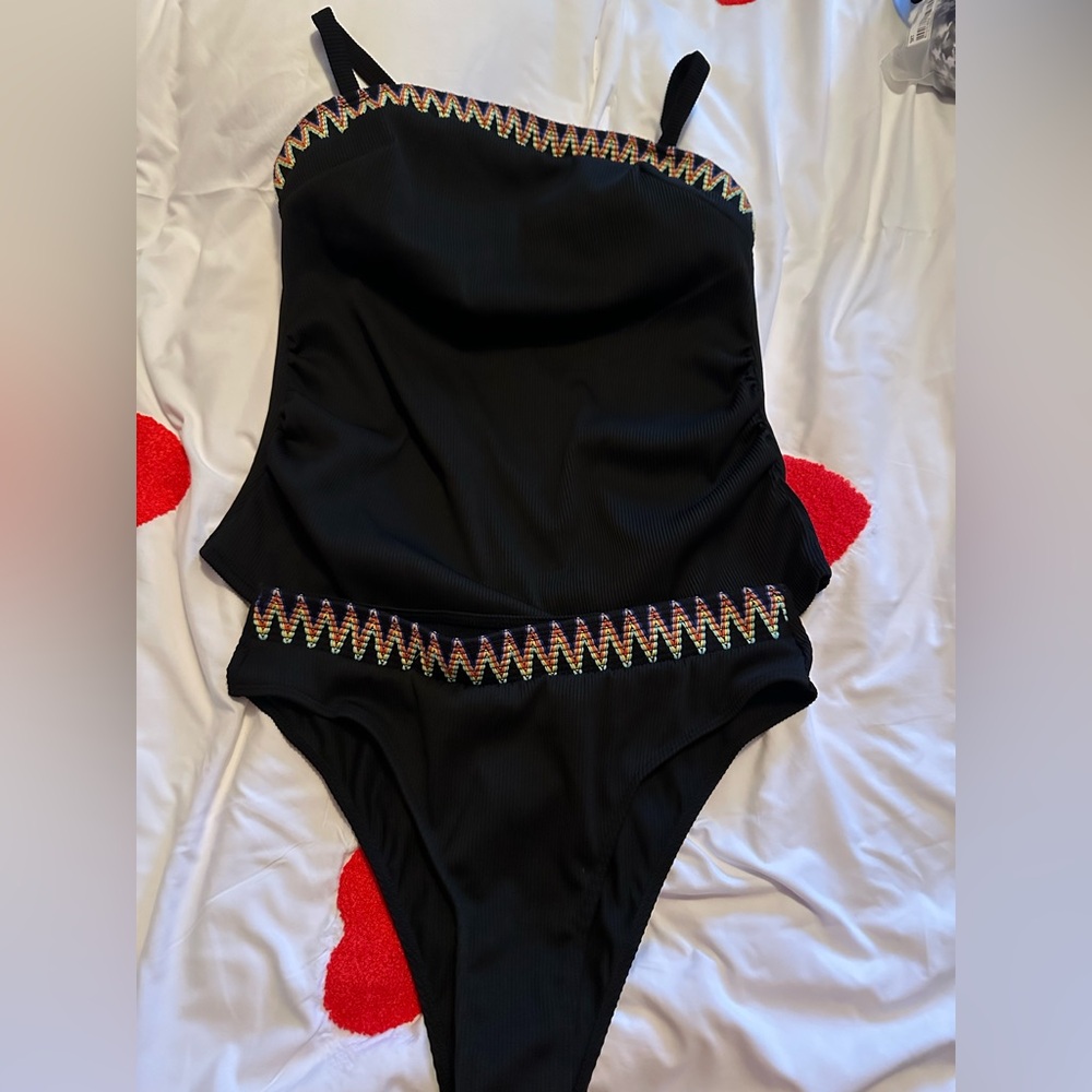 Black womans two Piece Swimsuit with Colorful Trim
